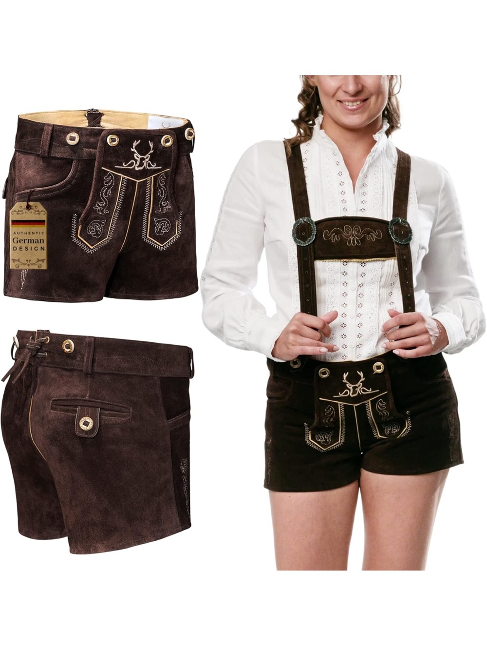 Bavaria Trachten Brown Suede Leather Lederhosen Shorts w/ Suspenders Size 8